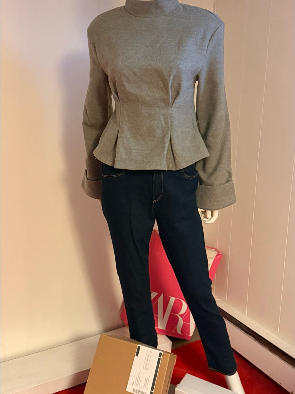 SHEIN Gray Mock Neck Peplum Sweater Top